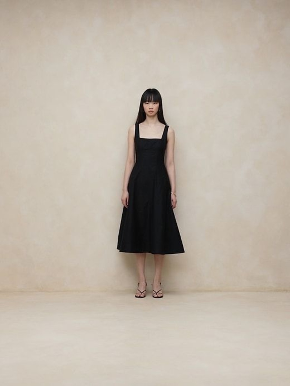 NWT LINEN W/pockets Black Square-Neck Midi Dress Banana Republic